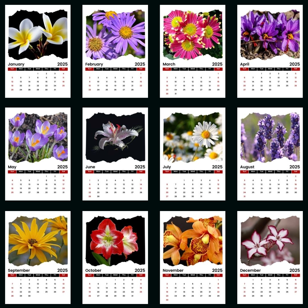 2025 Printable Flower Calendar hugebundles